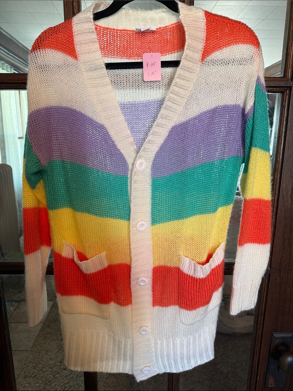 LuLaRoe Cream Cardigan with Purple, Green, Yellow & Coral Stripes